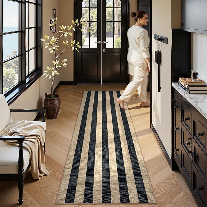 Lahome Striped Easy Jute Kitchen Runner, 2x8 Washable Runner Rug for Hallway Entryway, Farmhouse Non Slip Non Shedding Black Indoor Outdoor Carpet for Entry Porch