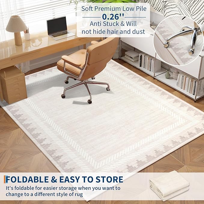 Geometric Bordered Machine Washable 9x12 Low Pile Area Rugs for Living Room Large Non Slip Soft Indoor Carpet Foldable Stain Resistant Non-Shedding Beroom Dining Room Rugs, Beige