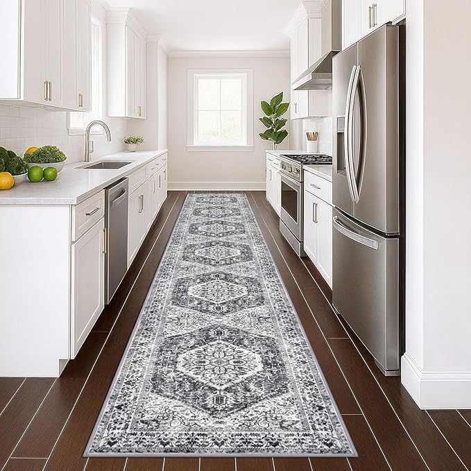 KOZYFLY Runners for Hallways 3x16 Ft Extra Long Washable Kitchen Thin Runner Rug Boho Runner Rug for Entryway Indoor Printed Faux Wool Stair Floor Carpet for Stair Kitchen Hall, Grey
