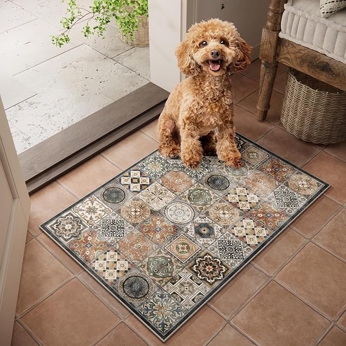 Washable 2'x3' Non Slip Rug Vintage Soft Low Pile Lightweight Small Area Rugs for High-Traffic Areas (Entryway, Kitchen, Hallway), Farmhouse Decor