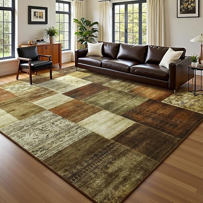 DweIke Washable Area Rugs for Living Room, 6x9 Large Bedroom Rugs, Geometric Print Non Slip Low Pile Indoor Throw Carpets for Bedroom Apartment Dining Room Home Office Hardwood Floor, Brown