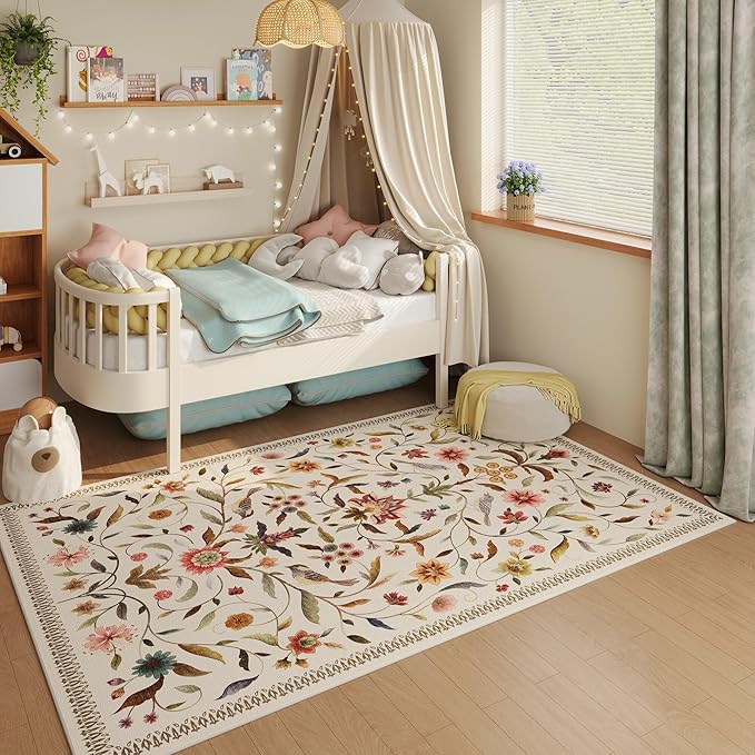 Vintage Medallion Floral 4x6 Rug, Machine Washable Non-Slip Area Rug, Low Pile Soft Carpet for Entry, Living Room, Office, Kids, Girl/Boys Room | Beige