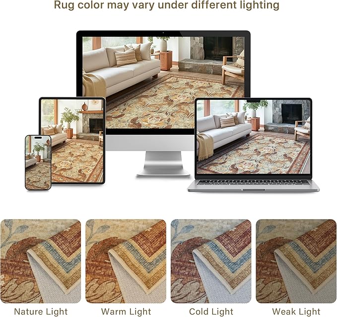 Bavni 8x10 Area Rugs for Living Room, Microfiber Machine Washable Non-Slip Vintage Floral Rug, Low Pile Lightweight Carpet for Bedroom, Dining Room, Home Office, Beige & Terracotta