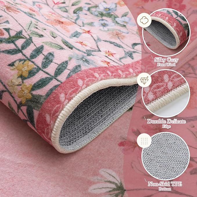 Wonnitar Washable 4x6 Rug, Pink Rugs for Girls Bedroom, Soft Non-Slip Nursery Area Rug, Floral Rugs Kids Room Low Pile Throw Carpet for Dorm Decor (Pink,4'x6')