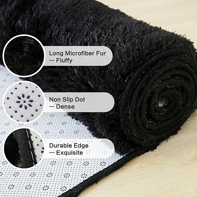 Andency Black Soft Area Rugs for Living Room Bedroom, 5x8 Fluffy Shaggy Bedside Rug, Non-Slip Large Shag Fuzzy Plush Carpets for Bedroom Kids Dorm Nursery Home Decor Aesthetic
