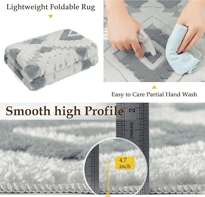 Ivory Grey 4x6 Area Rug Washable Moroccan Shag Office Carpet Non Slip Soft Neutral Boho Floor Mat Plush Pile Throw Rug for Entryway Kitchen Dining Room Bedroom Living Room