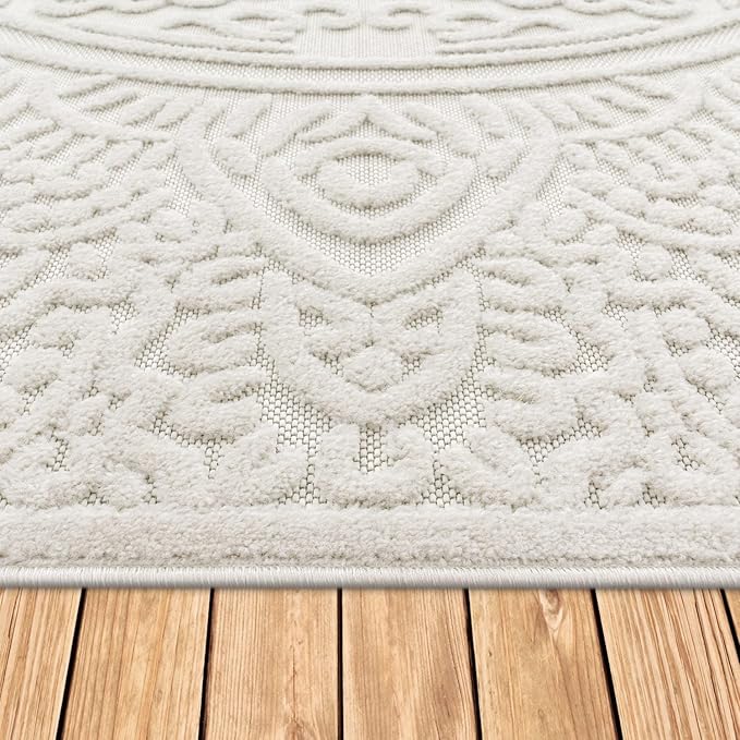 Paco Home Modern in- and Outdoor Rug with Carved Oriental Mandala Pattern in Cream, Size: 5'3" x 7'7"