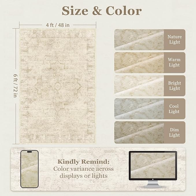 Beige 4x6 Throw Rugs for Entryway, Washable Neutral Rug with Rubber Backing for Living Room Bedroom, Vintage Medallion Distressed Area Rug for Kitchen/Bathroom/Dorm/Home Office