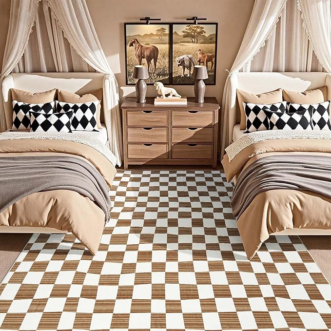 jinchan 6x9 Brown Checkered Area Rugs for Kids Room - Machine Washable Rug Modern Neutral Geometric Lattice Soft Non-Slip Carpet for Nursery Playroom Classroom Living Room Bedroom Home Office