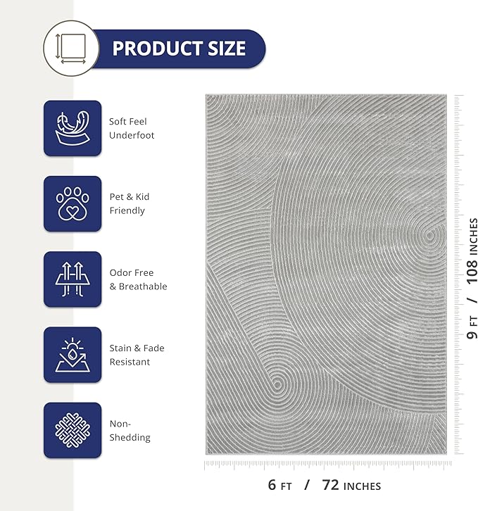 Abani Grey Area Rug for Living Room, Bedroom - Zen Reiki Pattern- 6' x 9' -Durable & Easy to Clean