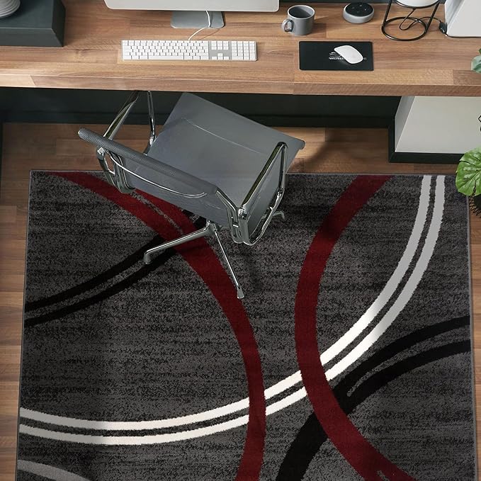 Rugshop Modern Wavy Circles Design Non-Shedding Area Rug, Carpet for Bedroom or Living Room, Red, 4' x 6'