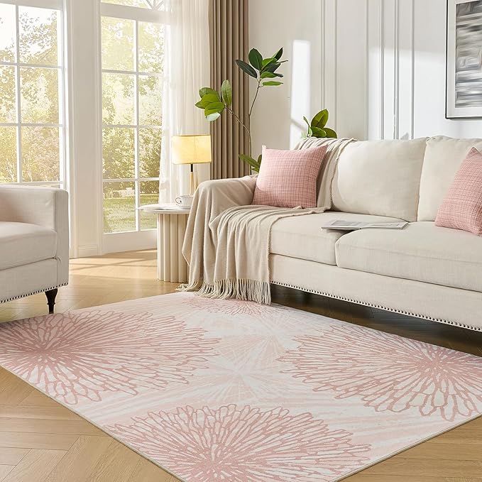 WITSHOCK Pink Rugs 6x8 for Bedroom Girls,Floral Modern Distress Print Pattern Carpet for Living Room Dining Room,Stain Resistant Anti Slip Backing Rugs for Kids Room Nursery Playroom,Light Pink
