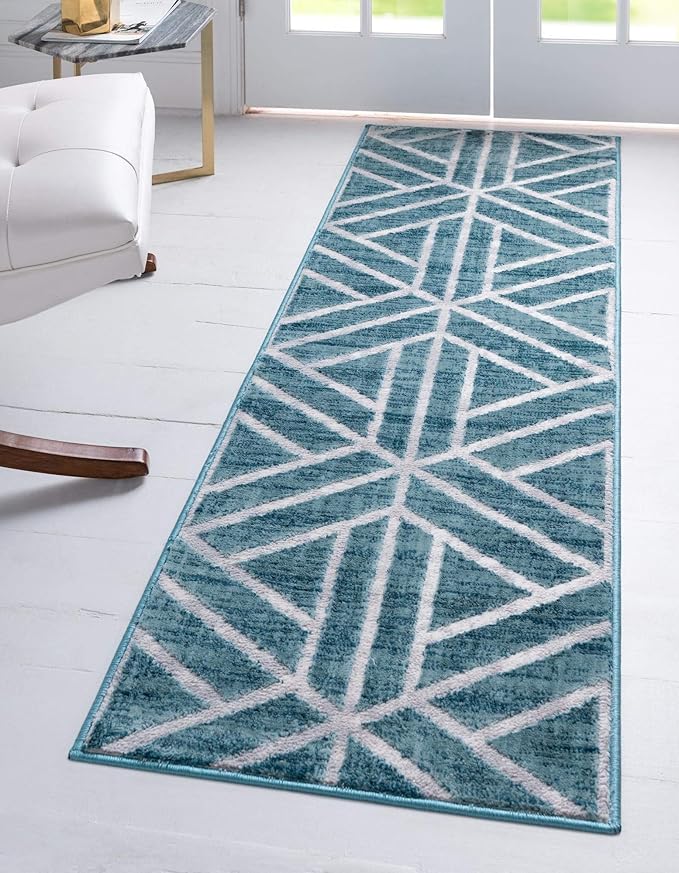 Rugs.com Lattice Trellis Collection Rug – 6 Ft Runner Blue Low-Pile Rug Perfect for Hallways, Entryways