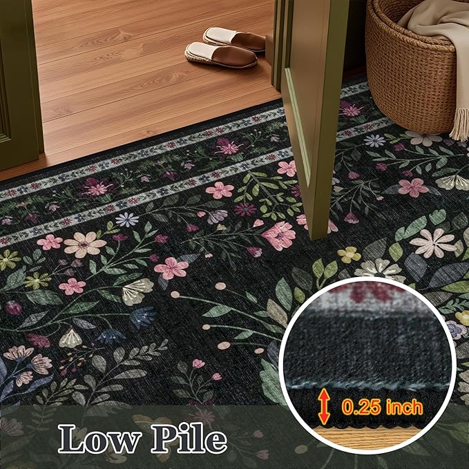 5x7 Area Rugs Living Room Rug: Vintage Washable Rug Floral Soft Carpet Indoor Floor Non-Slip Boho Stain Resistant Large Carpets for Bedroom Kids Nursery Dining Room Farmhouse Home Office Black/C02