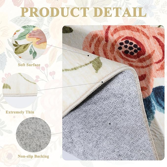DUKINO 2x3 Rugs for Entryway, Floral Indoor Washable Door Mat, Non Slip Boho Small Rug for Kitchen, Soft Low Pile Front Door Throw Rug for Entrance, Bedroom, Kitchen, Laundry, Bathroom, Beige Yellow