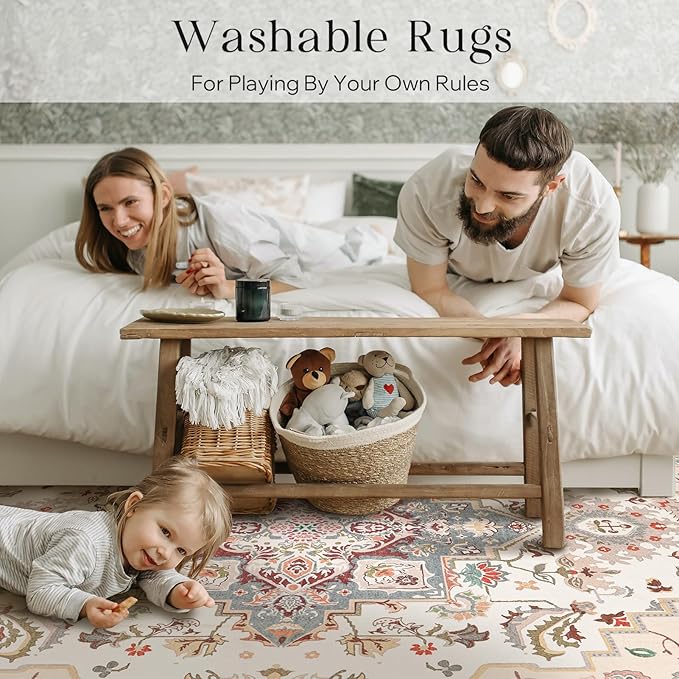 Phantoscope Washable Area Rug 8'x10' Non-Slip, Vintage Boho Rugs for Living Room, Bedroom, Dining Room, Persian Floral Medallion Pattern, Low-Pile Foldable Floor Carpet, Ivory Rose/Fall Bloom
