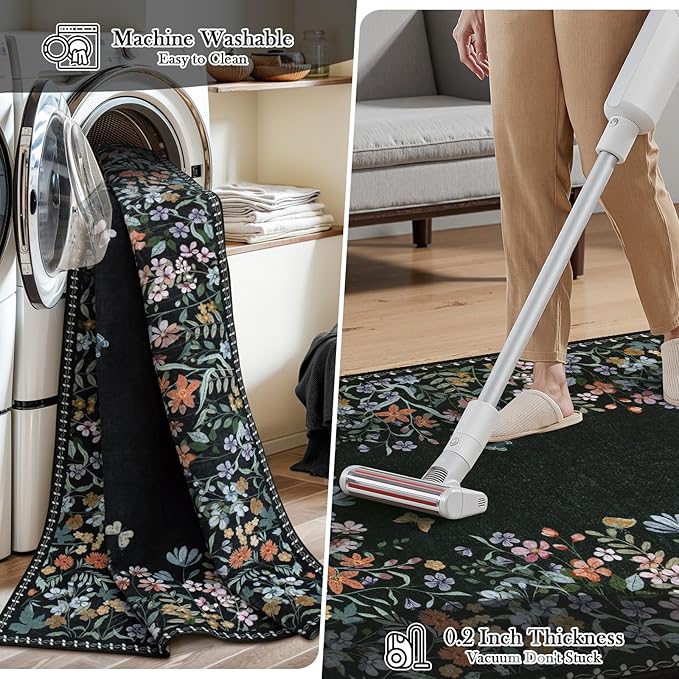 Wonnitar Washable 4x6 Rug, Black Floral Print Area Rugs for Living Room, Non-Slip Soft Rug for Bedroom, Vintage Low Pile Dining Room, Botanical Carpet for Bedside Mud Room (Black,4'x6')