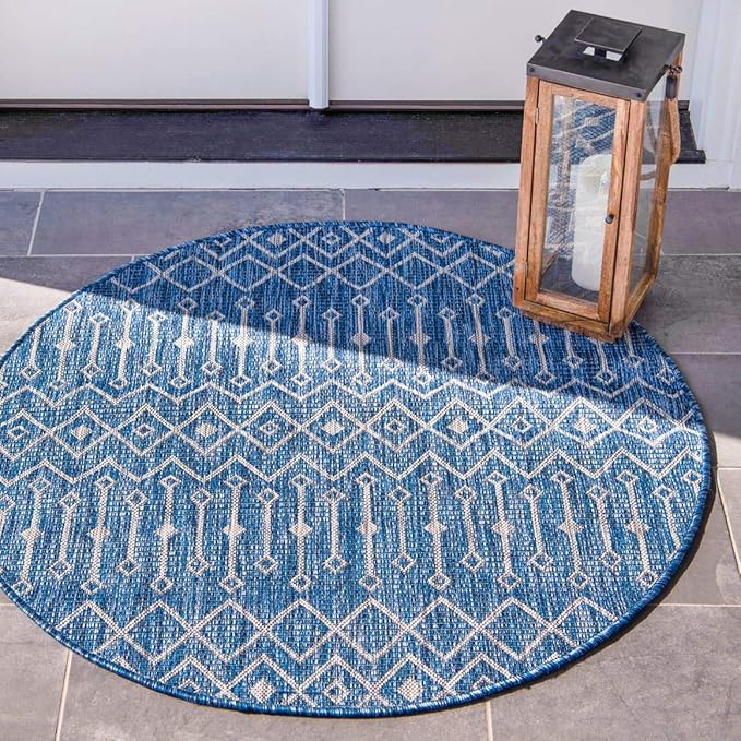 Unique Loom Outdoor Trellis Collection Area Rug - Tribal Trellis (7' 1" Round, Blue/ Ivory)