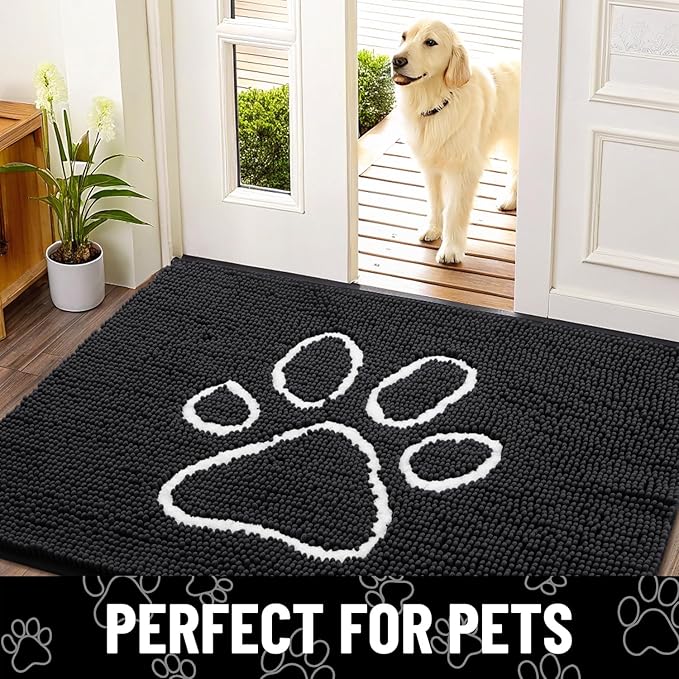 Smiry Dog Door Mat for Muddy Paws, Absorbent Dirt Trapper Non Slip Quick Dry Washable Chenille Mat for Mud Dogs, Entry Rug for Indoor and Outdoor (24x16 Inches, Black and White)