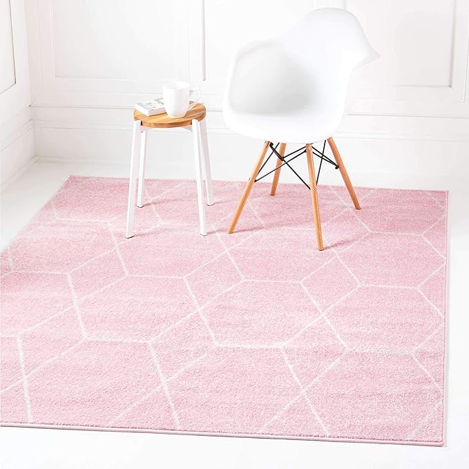 Unique Loom Trellis Frieze Collection Area Rug - Geometric (5' Square, Light Pink/ Ivory)
