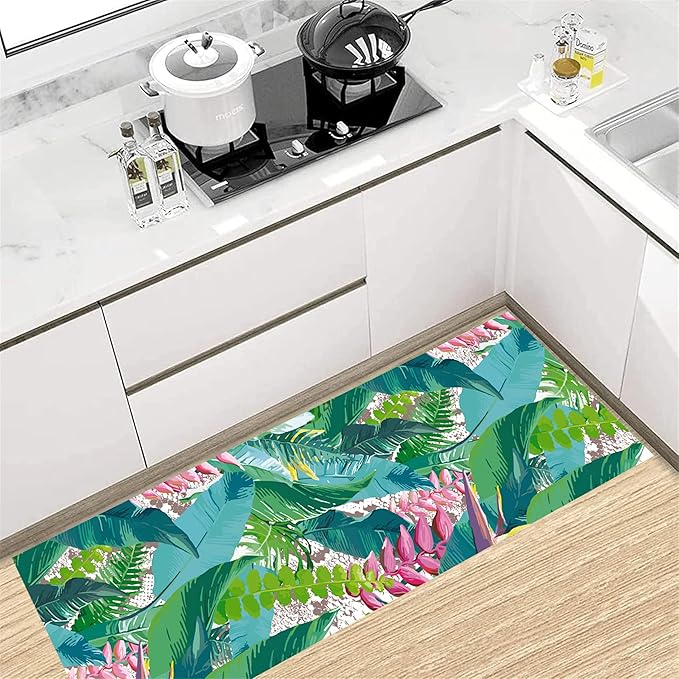 Tropical Rug Runner 2x8ft - Non-Slip Durable Floral Leaf Pattern Carpet for Hallway, Stairs, Entryway, Easy Clean Floor Decor