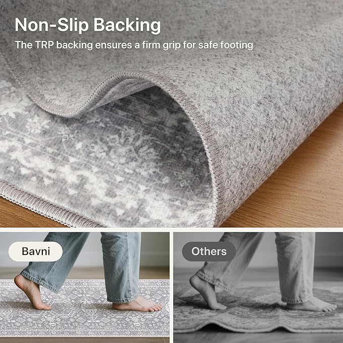 Bavni Washable Runner Rug 2’6”x10, Non Slip Vintage Hallway Runner, Ultra Thin Low Pile Washable Carpet for Kitchen Entryway Bedroom, Grey