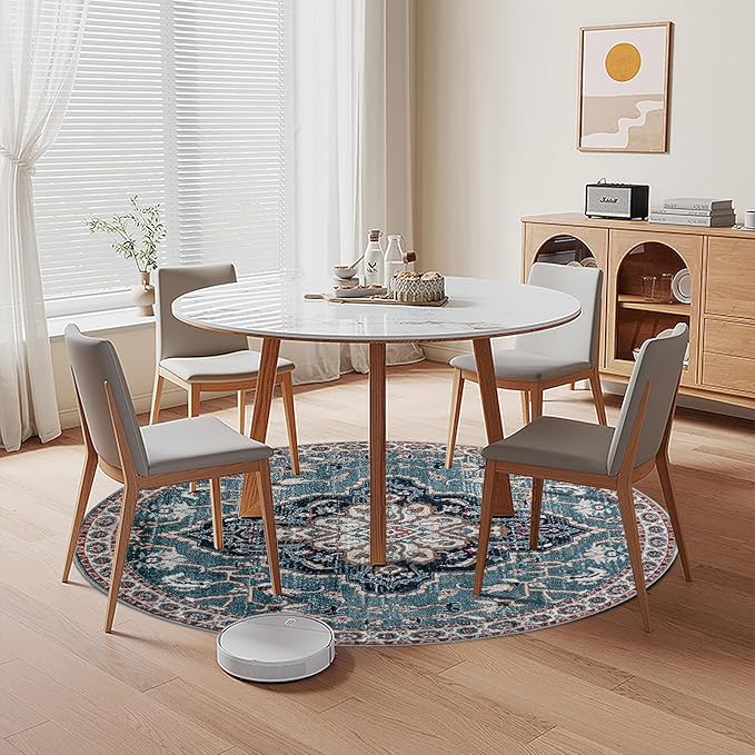 Easy-Going Round Rug 5ft Area Rug Medallion Distressed Washable Circle Rugs for Living Room Non-Slip Bedroom Rug Low Pile Lightweight Vintage Retro Throw Rug for Dining Room Kitchen Office, Teal Brick