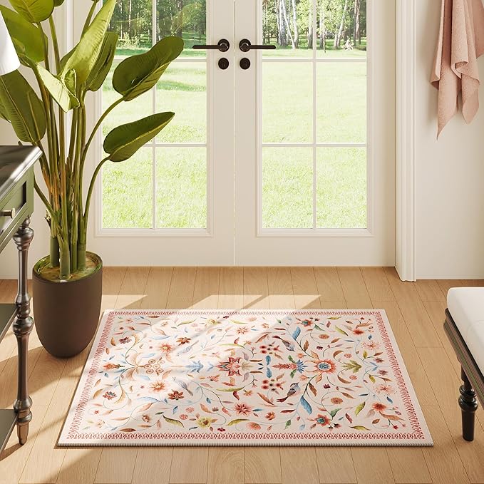 Vintage Medallion Floral Indoor Door Mat 2x3, Machine Washable Entryway Rug, Low Pile Soft Small Carpet, Non-Slip Area Rug for Entrance, Bedroom, Kitchen & Kids Room | Pink