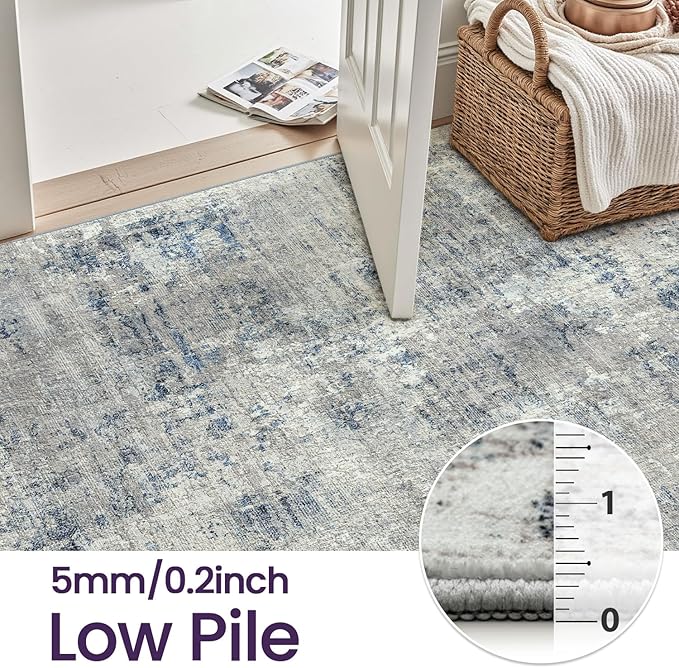 DEXI 8x10 Area Rug for Living Room, Modern Abstract Thin Washable Rug Indoor Floor, Non Slip Stain Resistant Low Pile Carpet for Dining Room Bedroom Office, Blue