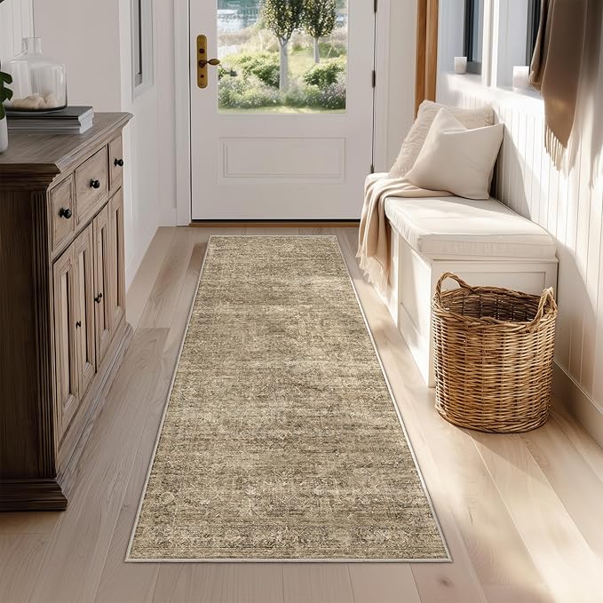 FMFUNCTEX 2x5 Washable Runner Rug Brown Vintage Neutral Distressed Oriental Non Slip Low Pile Indoor Carpet Retro Hallway Entryway Rug for Kitchen Living Room Bedroom Bathroom Laundry Entry Bedside