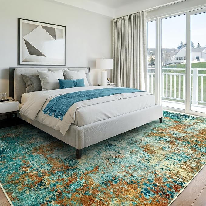 Washable Area Rug 5x7 - Neutral Modern Abstract Rugs, Soft Non Slip Thin Carpet with for Bedroom, Under Dining Room Table, Home, Office, Dorm, Office Rolling Chair - Teal Brick