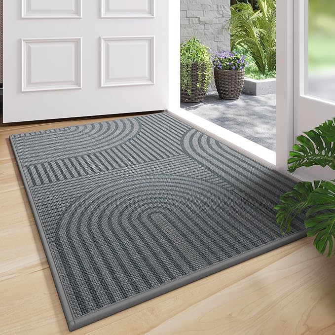 Front Door Mat 24''x35'', Absorbent Muddy Dirt Resist Washable Non Slip Low-Profile Indoor Doormat, Easy Clean Welcome Entryway Door Mats, Grey
