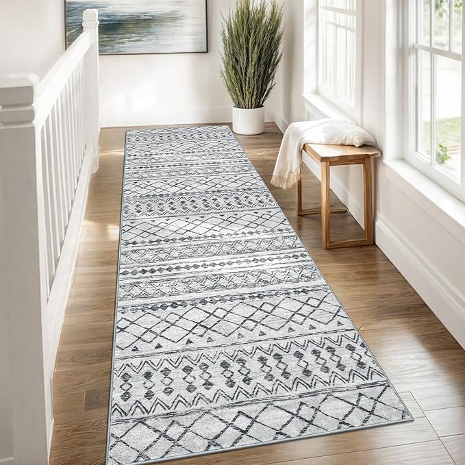 KUTA Boho Runners for Hallways 3x8 Grey Moroccan Washable Runner Rug Non-Slip Vintage Kitchen Rugs Ultra Soft Distressed Geometric Floor Carpet for Bedroom Laundry Living Room