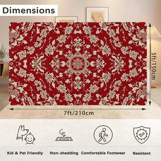 Red Flower Carpet for Living Room, 5x7 Non-Slip Washable Low Pile Abstract Design Rug, Space Saving Area Rug for Bedroom, Dining Room