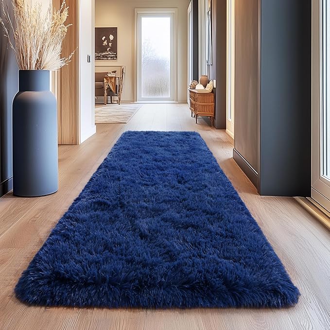 Shag Area Rugs for Living Room, Soft Fuzzy Plush Rugs, Upgrade Anti-Skid Modern Furry Rugs Fluffy Carpets for Kids Room Nursery Home Decor Dark Blue, 2x6Feet