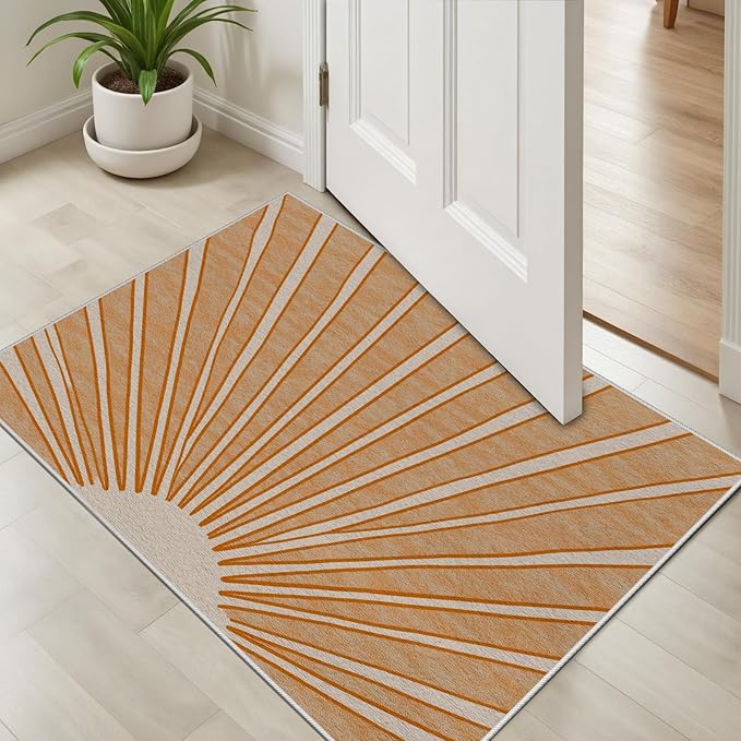 Boho Sun Print Area Rug for Living Room 3x4, Modern Abstract Non-Slip Washable Rugs, Soft Stripe Minimalism Carpet for Bedroom, Nursery, Entryway, Dining Room & Office Decor, Orange White