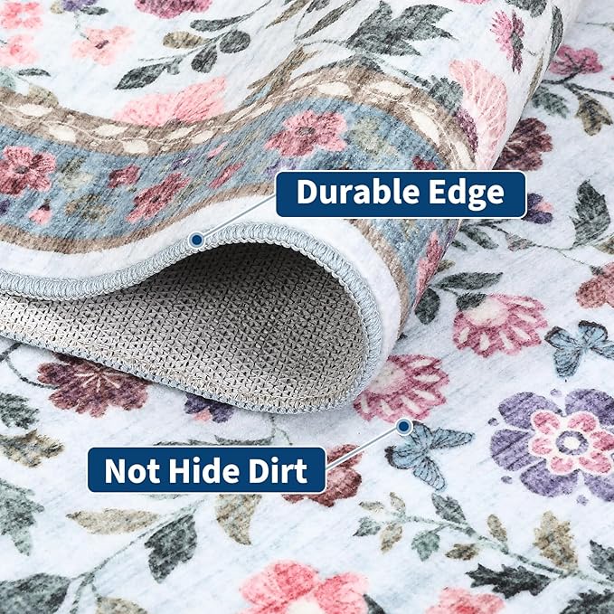 Washable Runner Rug 2.5 x 8 Non-Slip Non-Shedding Soft Vintage Bedside Low Pile Farmhouse Floral Carpet, Indoor Foldable Printed Entryway Rug for Hallway Kitchen, Light Blue
