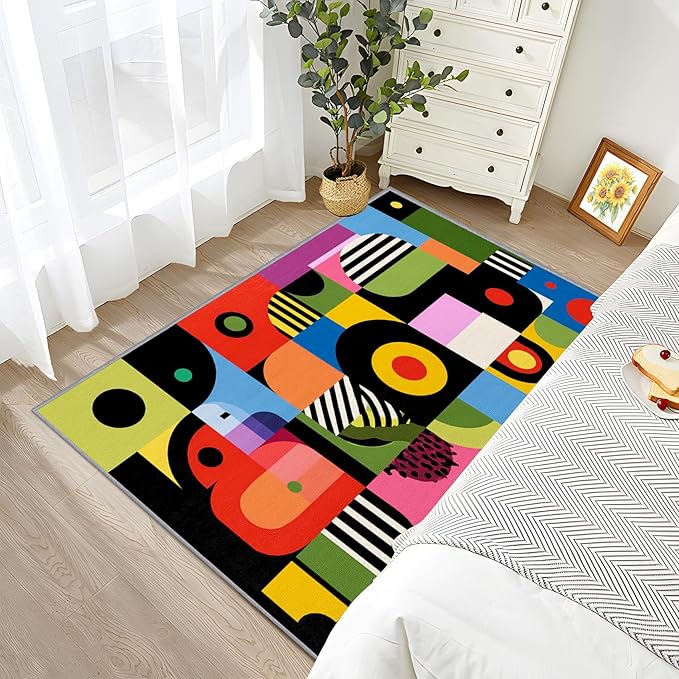 Abstract Area Rugs - Colorful Love Heart Hippie Rug 3x5, Aesthetic Funky Washable Lightweight Carpet Room Decor #C055