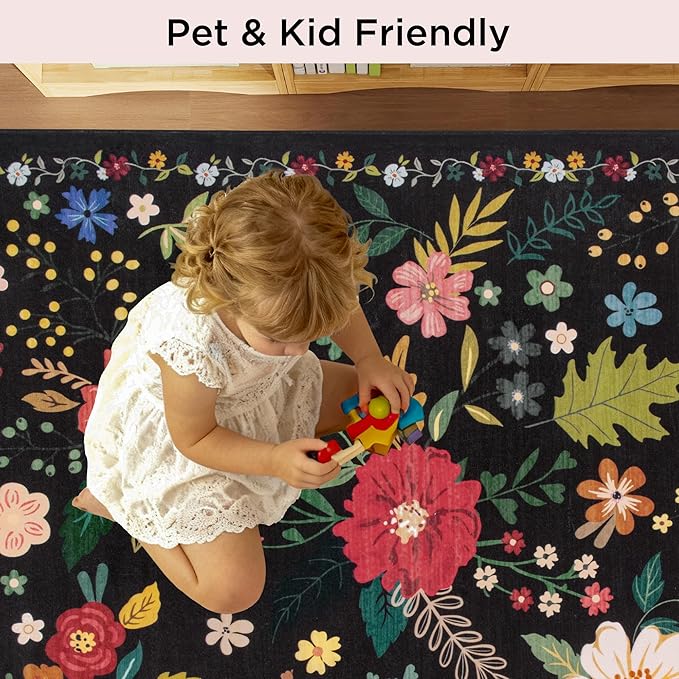 Living Room Rug 8x10 Rug Machine Washable Boho Area Rug Non Slip Floral Vintage Low Pile Large Rugs for Living Room, Bedroom, Farmhouse, Dining Room (Black)