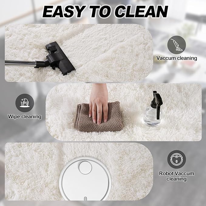 Cream White Plush Rug for Living Room Fuzzy Carpet for Bedroom Dorm, Non-Slip High Pile Rug, Shag Rug for Playroom Nursery Home Office Decor 9X12 Ft