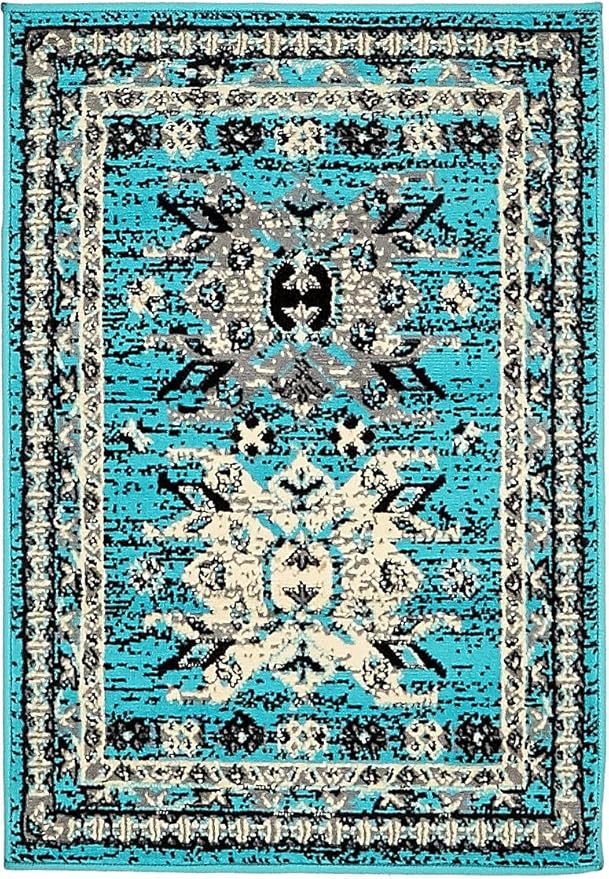 Unique Loom Taftan Collection Border Geometric Tribal Inspired Design Area Rug (2' 2 x 3' 0 Rectangular, Turquoise/ Gray)