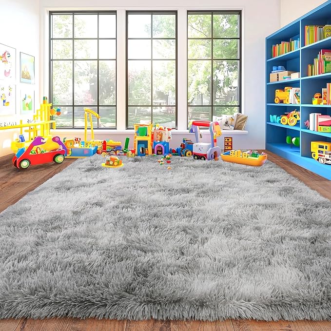 Soft Shaggy Rugs Light Grey Fluffy Rug for Bedroom White Fuzzy Rug Non-Slip Indoor Floor Carpet for Living Room 8x10 Ft