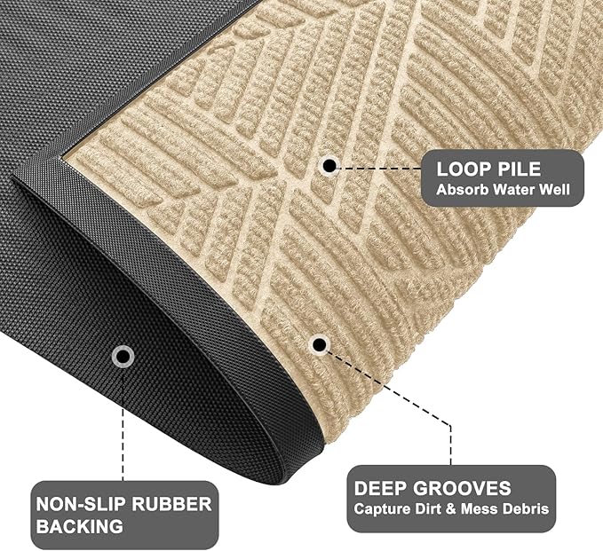 Kitinjoy Front Door Mat Outside Entrance, Sturdy Natural Dirt Trapper, Heavy Duty Rubber Doormat, Low Profile Non-Slip Backing, Easy Clean Floor Mat for Indoor Outdoor Entry, 29.5X17 Inch, Beige