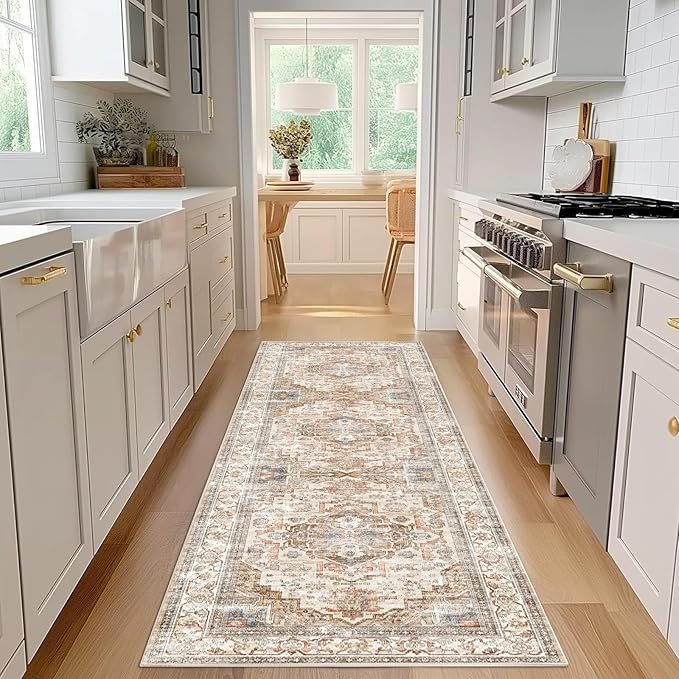 Enkor Runner Rugs for Hallway, 2.6x8 Washable Soft Non Slip Floor Rugs for Kitchen, Modern Mat for Living Room Bedroom Entryway Beige & Brown