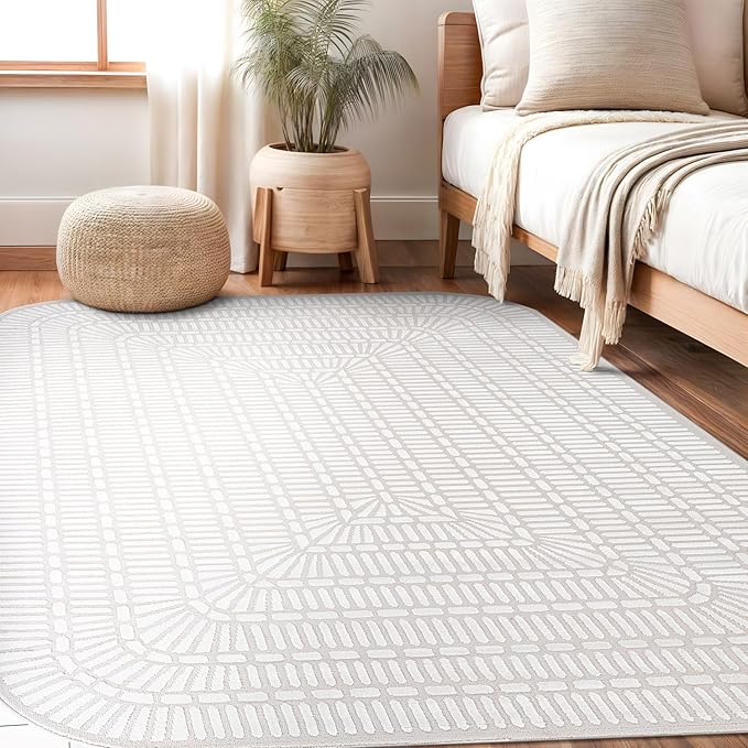 Beverly Rug Modern Geometric Area Rug 4x6 Low-High Pile Durable Soft Abstract Grid Indoor Rugs for Living Dining Room Office Stain Resistant Non Shedding Casual Indoor Carpet Beige White 4 x 6