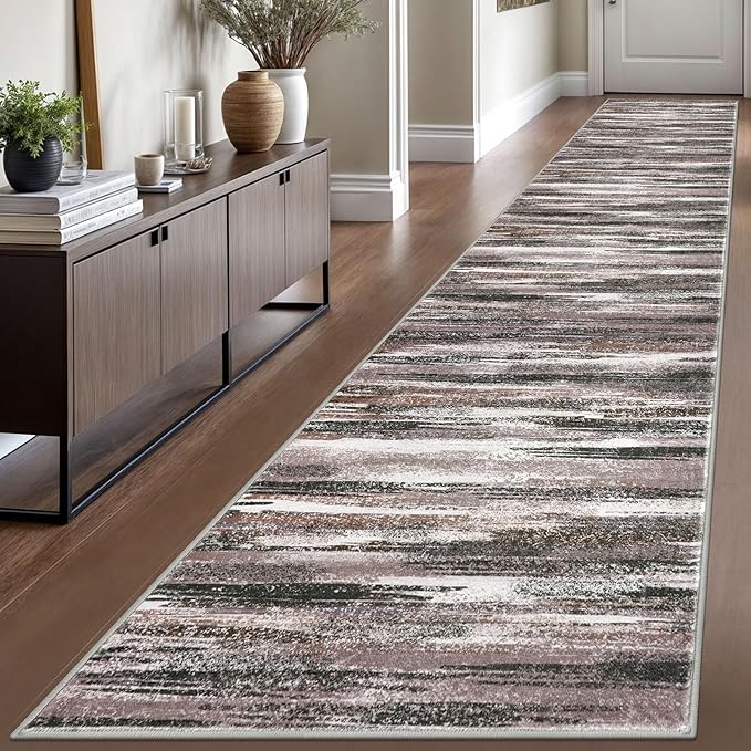 Modern Abstract Runner Rug 2.6x16, Dark Light Brown White Washable Long Kitchen Runner Non-Slip Soft Hallway Rug Runner Thin Print Faux Wool Carpet for Entryway Bedroom Laundry Room Indoor