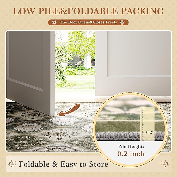 EnHomee Washable Area Rugs 4x6, Soft Area Rug for Living Room Bedroom, Boho Non Slip Low Pile Stain Resistant Washable Rug Large Carpet for Dining Room,Easy to Clean Living Room Rug, Green