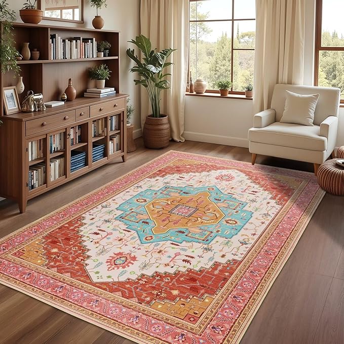 5x7 Orange Pink Area Rug for Living Room, Machine Washable Rugs with Non-Slip Backing for Bedroom, Vintage Medallion Carpet Dining Room Office Kids Room Decor