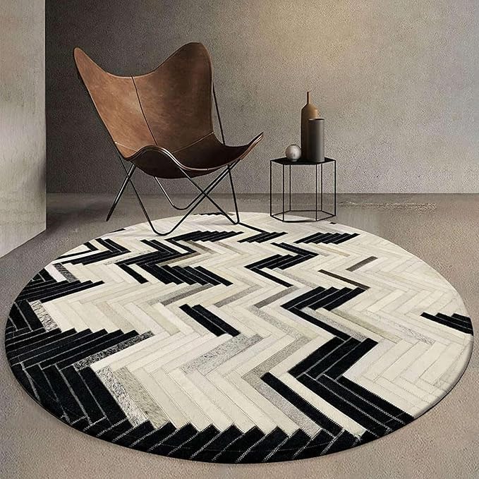 Round Cowhide Faux Leather Area Rug 8×8 ft – Black & White Modern Chevron Pattern Low Pile Carpet with Non-Slip Wool Backing, Soft Durable Living Room & Bedroom Accent Rug