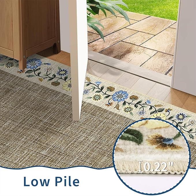 GarveeHome Washable Area Rugs for Bedroom 5x7 Living Room Modern Floral Throw Rugs Non-Slip Lightweight Thin Carpet Modern Farmhouse Print Non-Shedding Soft Low Pile Floor Cover, Dark Camel